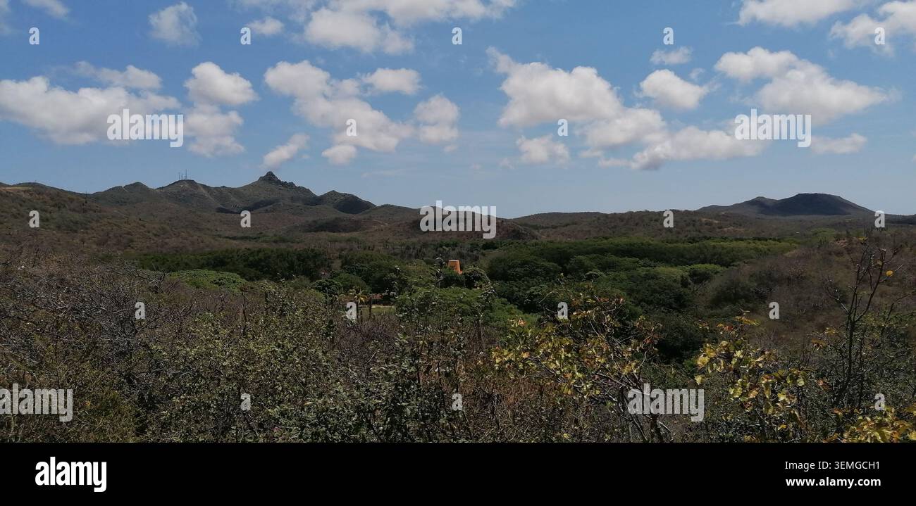 Christoffelberg- und Band'abou-Landschaft in Curacao mit trockenen Wäldern, sanften Hügeln und zerklüfteter Karibik-Landschaft - Smartphone-aufgenommenes Stockfoto