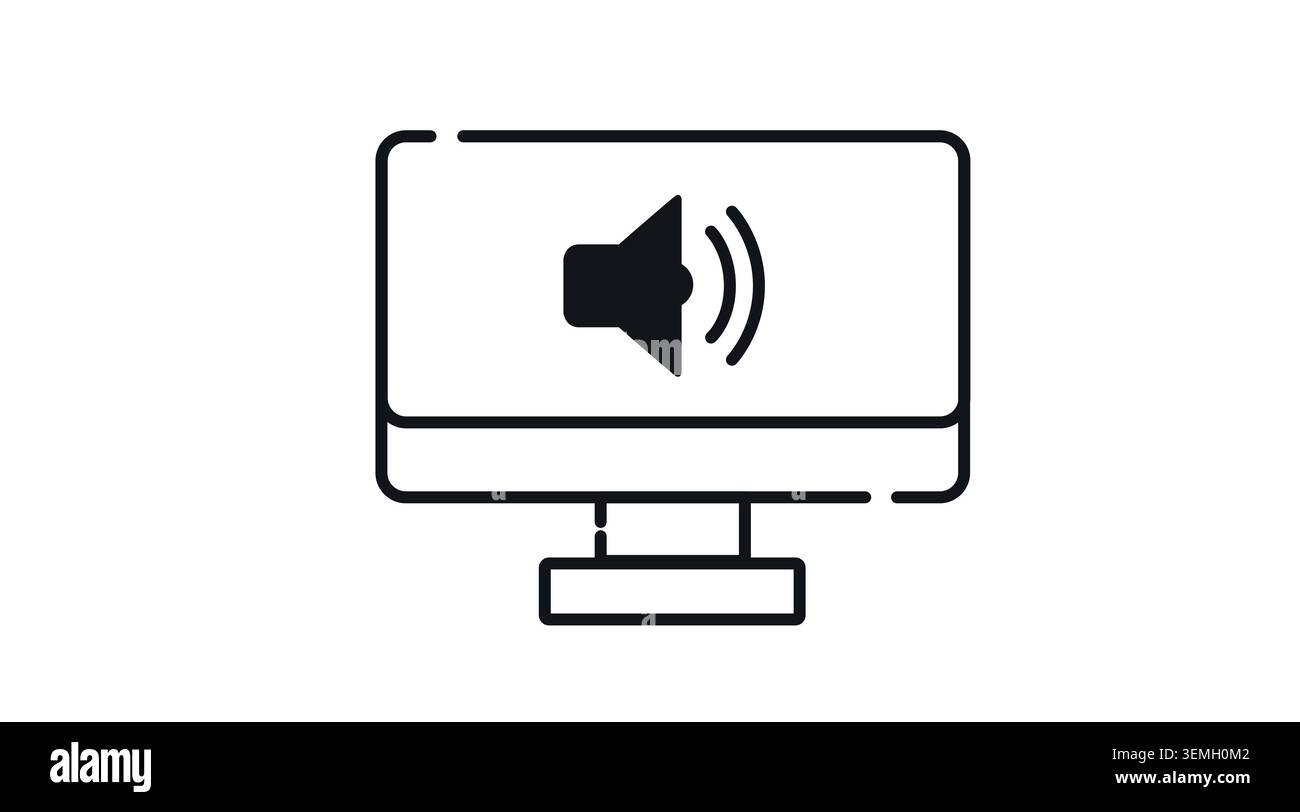 Desktop-Computer-Audio- und Soundsymbol: PC-Workstation, die das Symbol für die aktive Lautstärke der Lautsprecher auf dem Bildschirm anzeigt, minimalistische schwarze Strichgrafik-Vektor-Illustration Stock Vektor