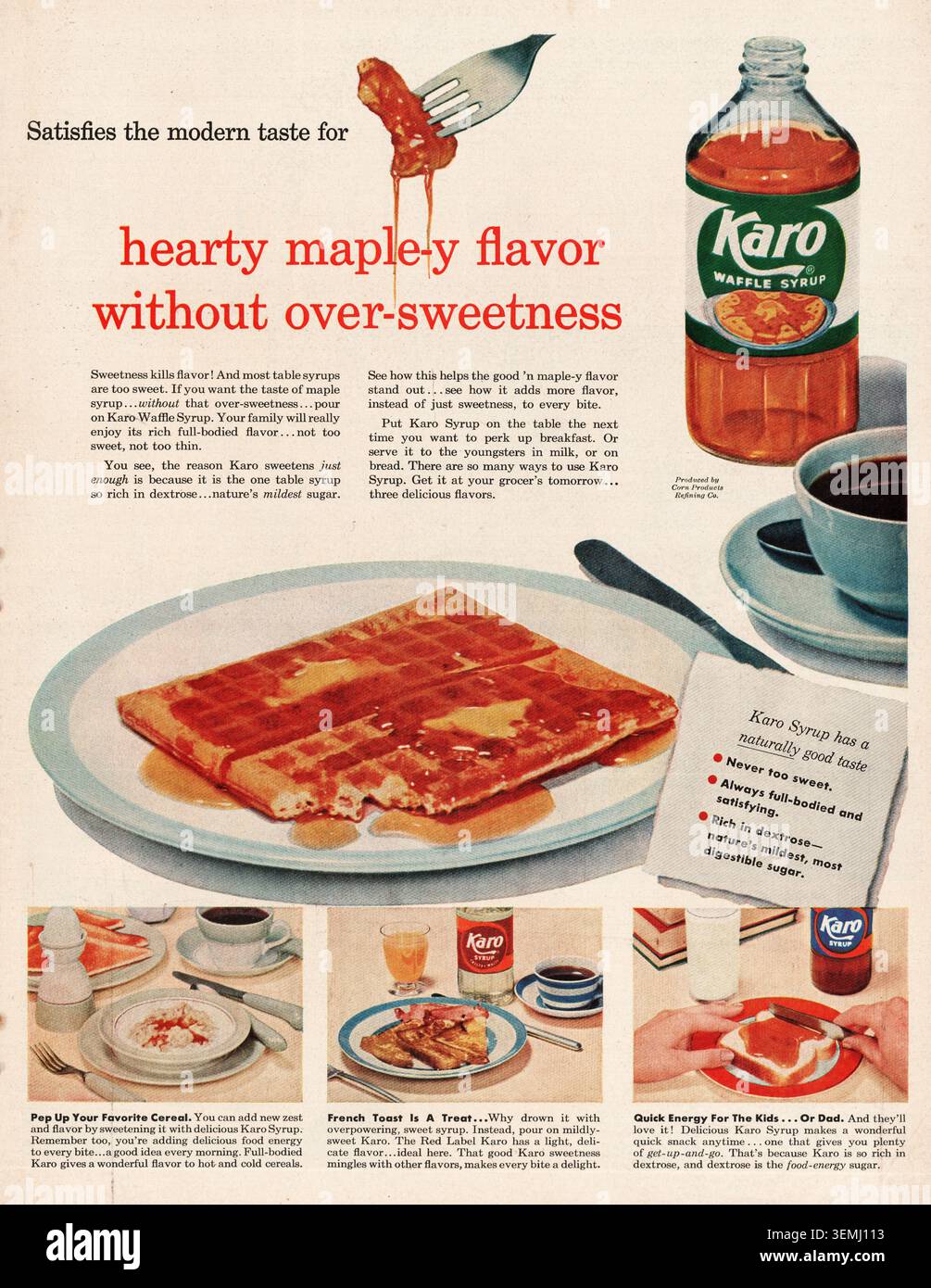 1954 US-Magazin Karo Waffle Sirup Werbung Stockfoto