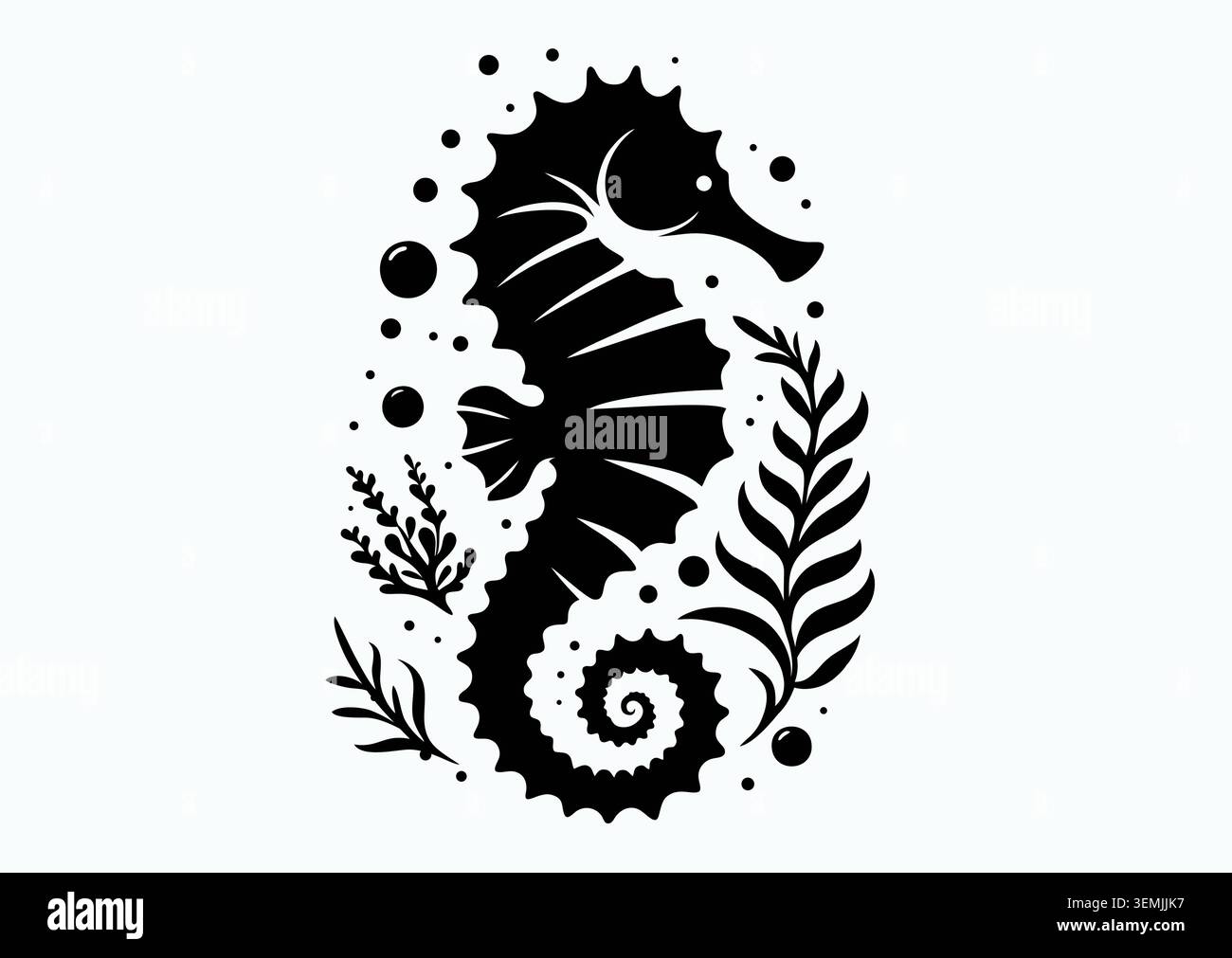 Ein Seepferd (Hippocampus) schwarz-weiß Silhouette Vektor Icon flache Illustration Logo, Clipart, Symbol, Flyer, Piktogramm, Tätowierung isoliert auf li Stock Vektor