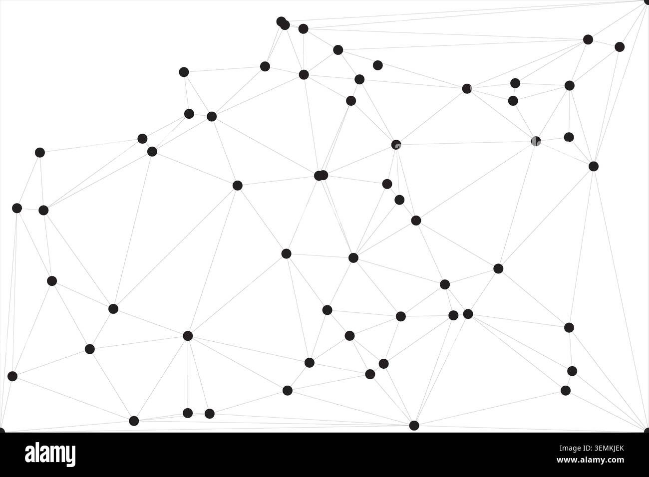 Ein ausgeklügeltes Knotennetz, das komplexe Beziehungen und miteinander verbundene Systeme darstellt. Kontraststarkes Schwarzweiß-Design für digitale Technologie. Tec Stock Vektor
