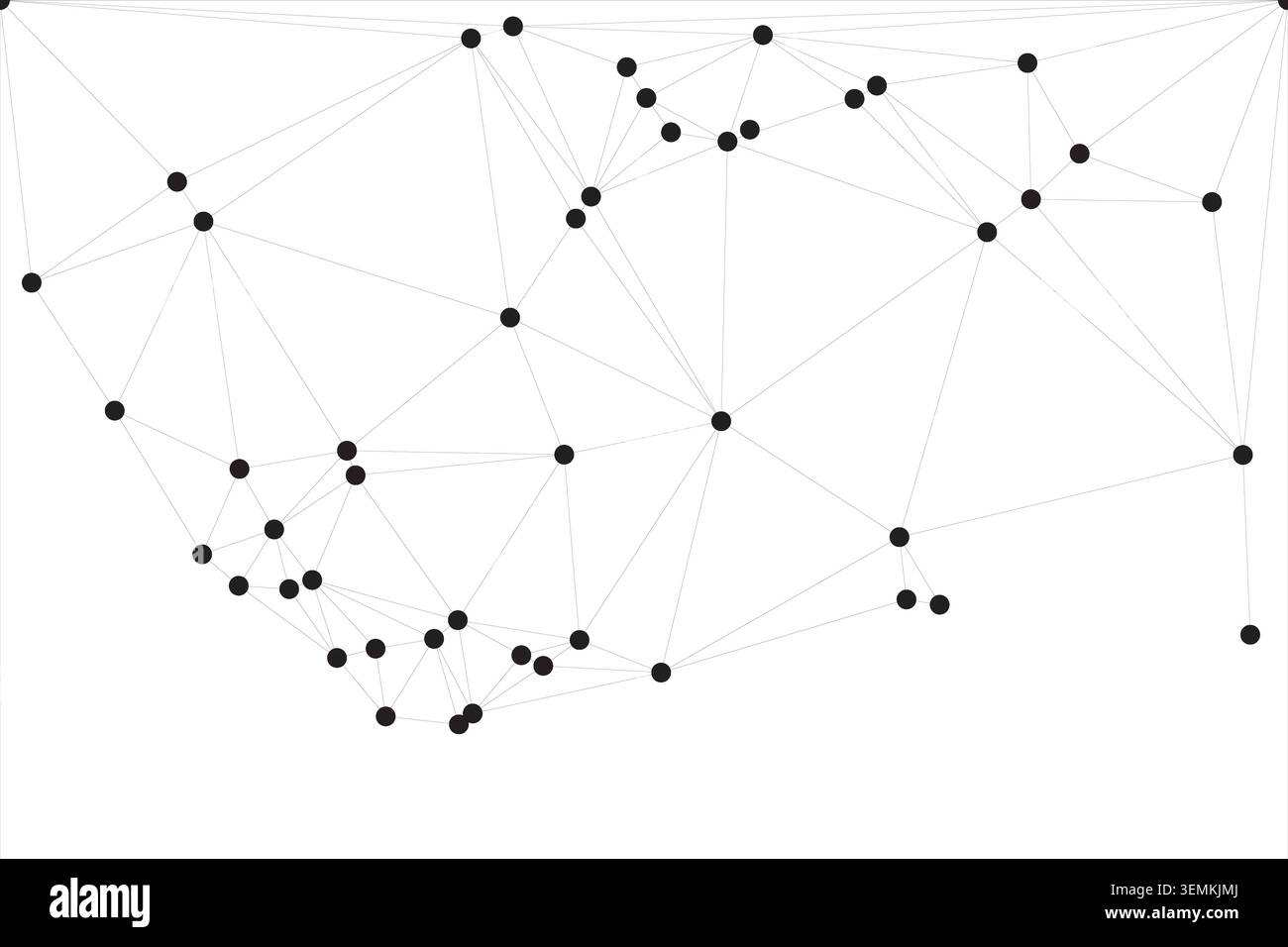 Ein dichtes Netzwerk aus schwarzen Punkten, verbunden durch dünne graue Linien, vor weißem Hintergrund, symbolisiert Daten, Wissenschaft und Verbindungen. Stock Vektor