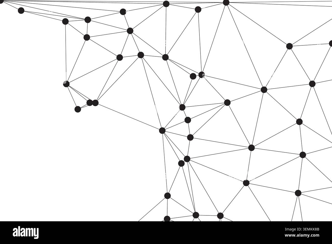 Das abstrakte Bild verfügt über ein verbundenes Netzwerk aus schwarzen Punkten und Linien auf einem sauberen weißen Hintergrund, wodurch ein minimalistisches und modernes Erscheinungsbild für Technolog entsteht Stock Vektor