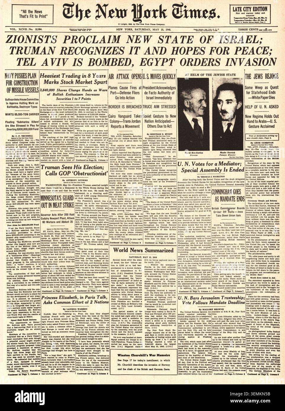1948 die Titelseite der Times berichtet, dass der Staat Israel geschaffen wurde Stockfoto