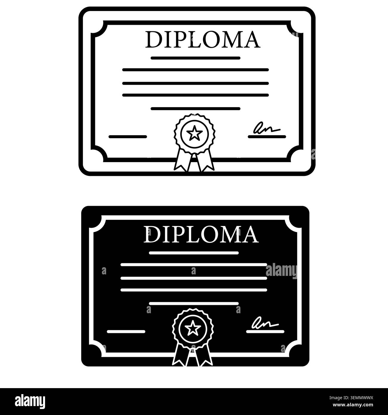 Symbol für Diplom. Zertifikatszeichen. Diplom ausgefüllt und umrissenes Symbol. Flacher STYLE. Stockfoto