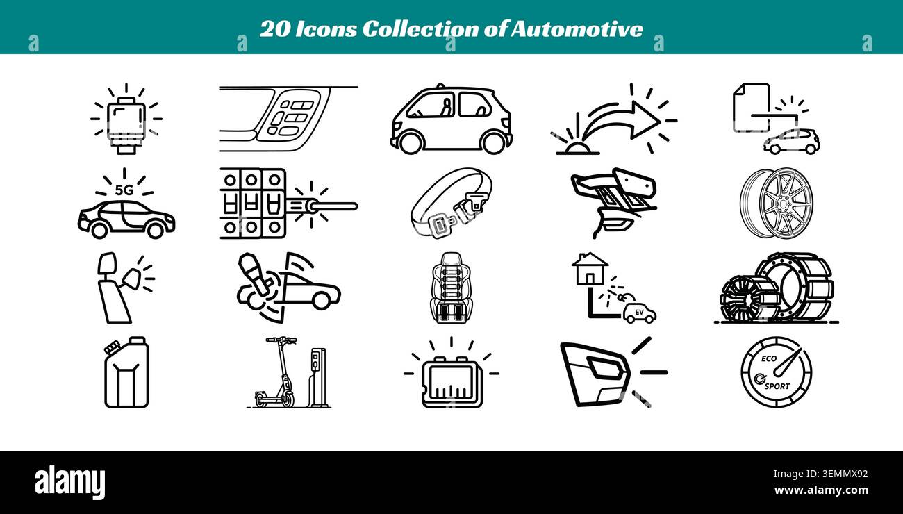 Ein vielfältiger Satz von 20 einfachen Symbolen mit Linienzeichnung, die verschiedene Elemente, Werkzeuge und Konzepte für die Automobil- und Fahrzeugentwicklung darstellen, um die Verwendung in Konstruktionen zu erleichtern Stock Vektor