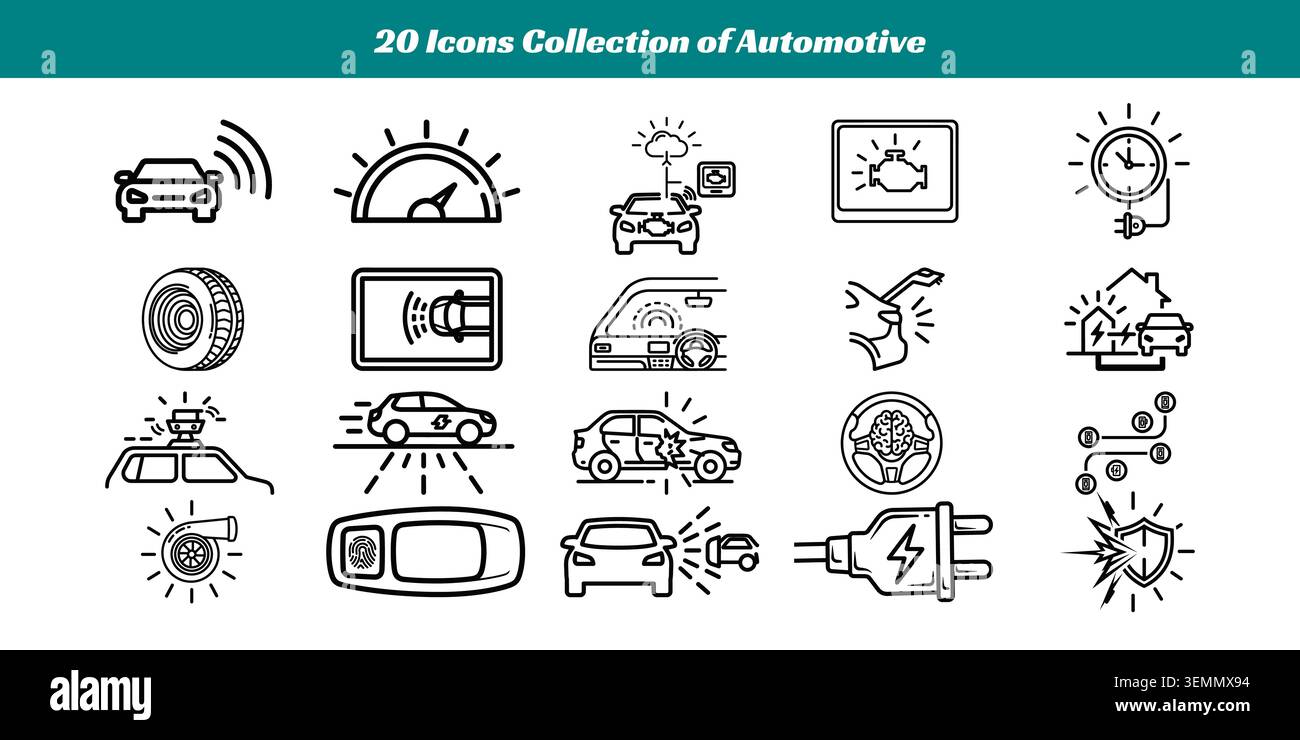 Ein vielseitiges Set von 20 einfachen, stilvollen Automobilsymbolen, die Fahrzeugfunktionen, Werkzeuge und Funktionen darstellen, perfekt für Infografiken, Websites oder Präsentationen Stock Vektor