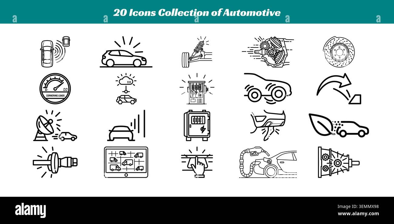 Ein vielfältiges Set von 20 Vektorsymbolen, die verschiedene Automobil-Themen illustrieren, darunter Autoteile, Wartungswerkzeuge und Fahrzeugfunktionen. Perfec Stock Vektor