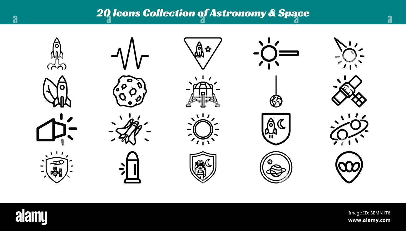 Ein vielfältiges Set von 20 klaren, minimalistischen Vektorsymbolen, die Schlüsselelemente der Astronomie und Weltraumforschung darstellen Stock Vektor