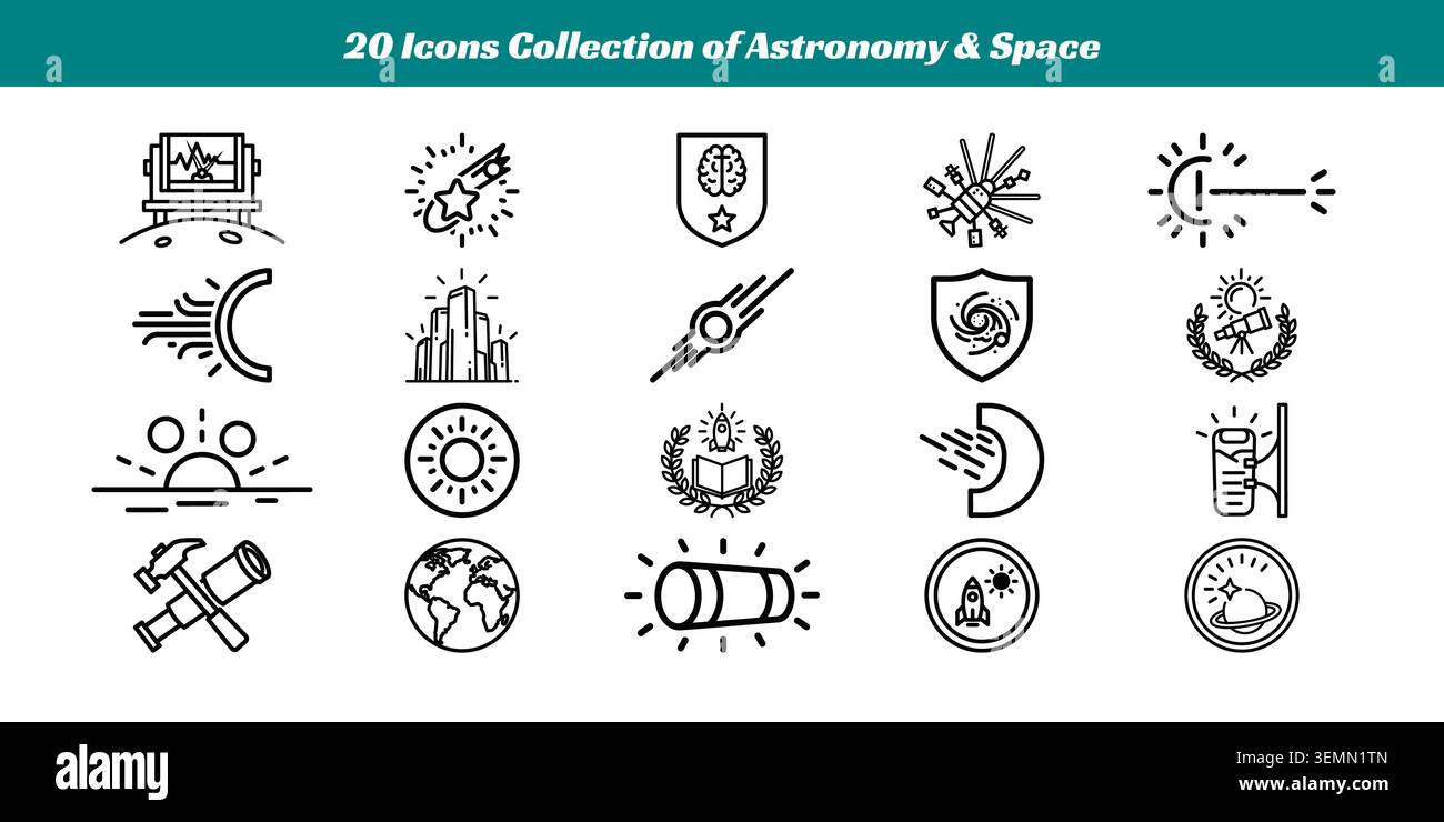 Ein vielfältiges Set aus 20 klaren, minimalistischen Vektorsymbolen, die Astronomie- und Weltraumthemen darstellen, perfekt für Bildungs-, Wissenschafts- oder dekorative Projekte Stock Vektor