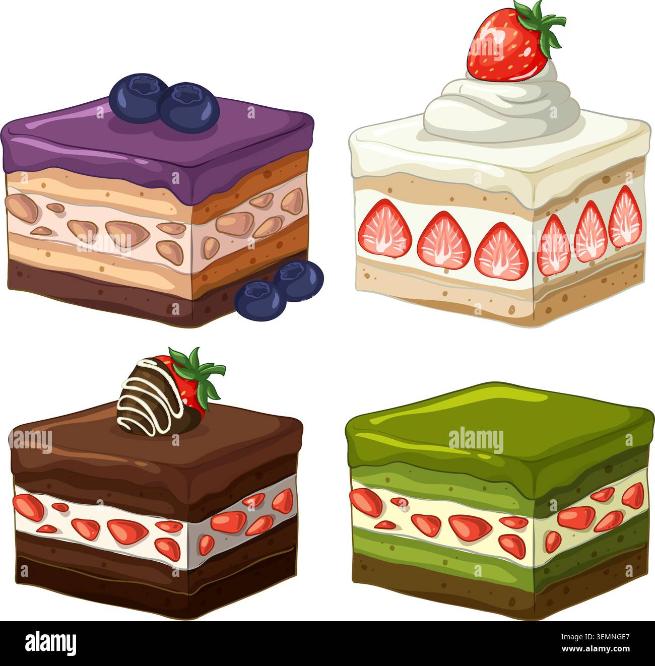 Vektor-Illustration von vier geschichteten Kuchenquadraten einschließlich Heidelbeere, Erdbeere, Schokolade und Matcha Aromen Stock Vektor