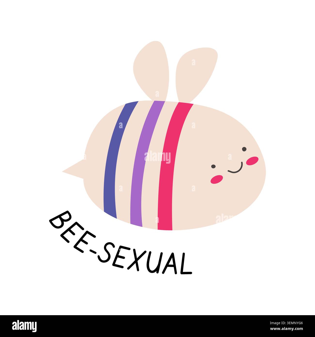 Niedliche Biene im Retro-Stil mit bisexuellen Flaggenstreifen und Bienenputsch auf weiß. 90er Jahre Ästhetische Kawaii Hummel Illustration für LGBTQ Stolz Monat Stock Vektor