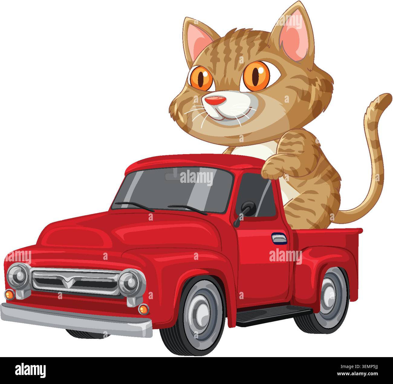 Verspielte Tabby Katze sitzt in Vintage roten Pickup Truck, helle Farben, saubere Vektor-Stil Stock Vektor