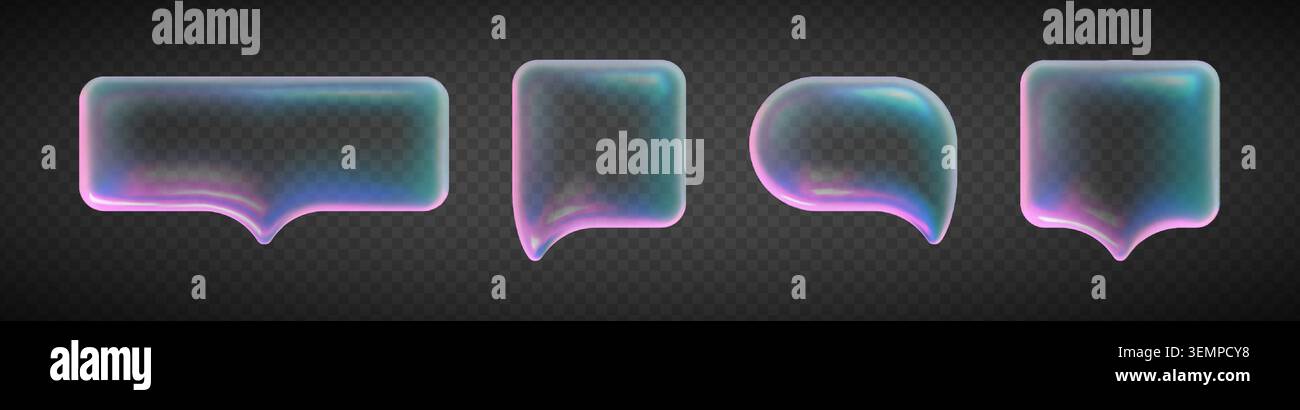 Holographische Glassprachblasen isoliert auf transparentem Hintergrund. Vektor-realistische Illustration von transparenten 3D-Chat-Nachrichten-Wolken mit Neonlicht, Glasmorphismus y2k-Konversationssymbolen Stock Vektor