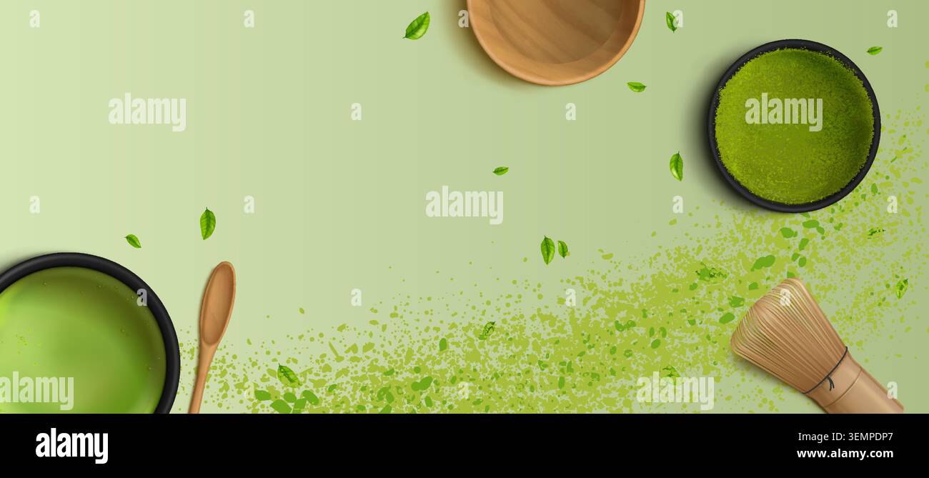 Japanische Matcha Tee Zeremonie Elemente auf grünem Hintergrund. Vektor-realistische Illustration von Bambus-Schneebesen und Pulver auf Tisch, Café-Shop-Poster-Design, gesundes Getränk Banner, Detox Kosmetik Stock Vektor