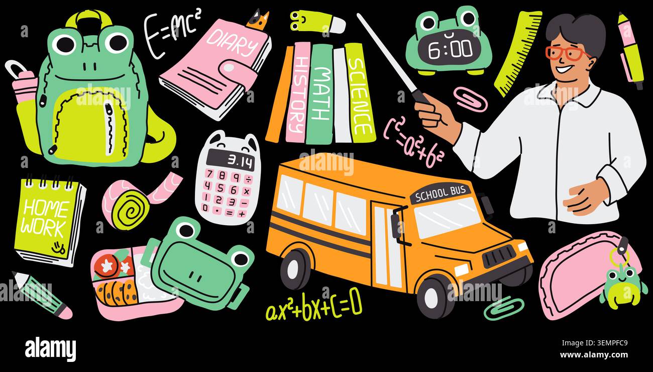 Nettes Back to School Clip Art Set auf schwarzem Hintergrund mit einem lächelnden Lehrer mit Zeiger, Schulbus, Froschrucksack, Lunchbox, Taschenrechner, Bücher Stock Vektor