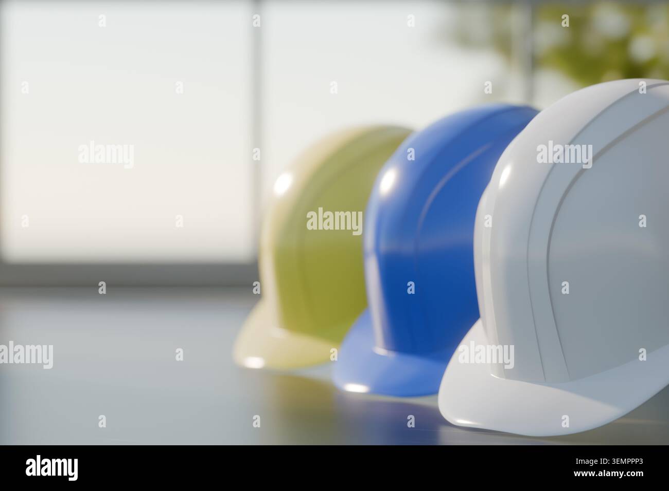 3D-Rendering von weißen, blauen und gelben Schutzhelmen, die auf einer dunklen Oberfläche angeordnet sind. Konzept der Baustellenverwaltung, Einhaltung der Arbeitssicherheit und Stockfoto