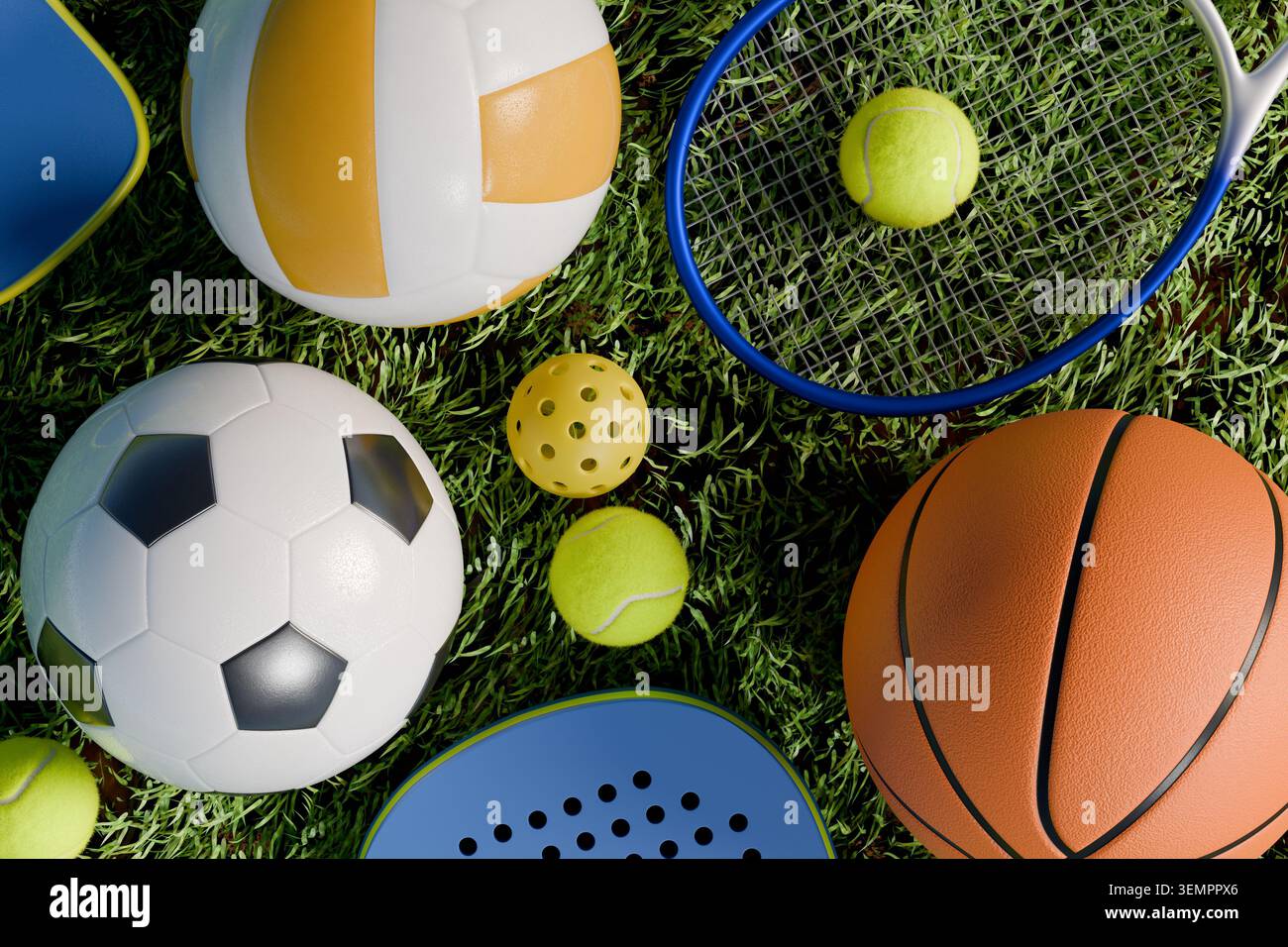 3D-Rendering von Fußball-, Basketball-, Volleyball-, Tennisschläger- und Pickleball-Ausrüstung auf grünem Gras. Konzept von Sommersport, aktivem Lifestyle, Outdoor Stockfoto
