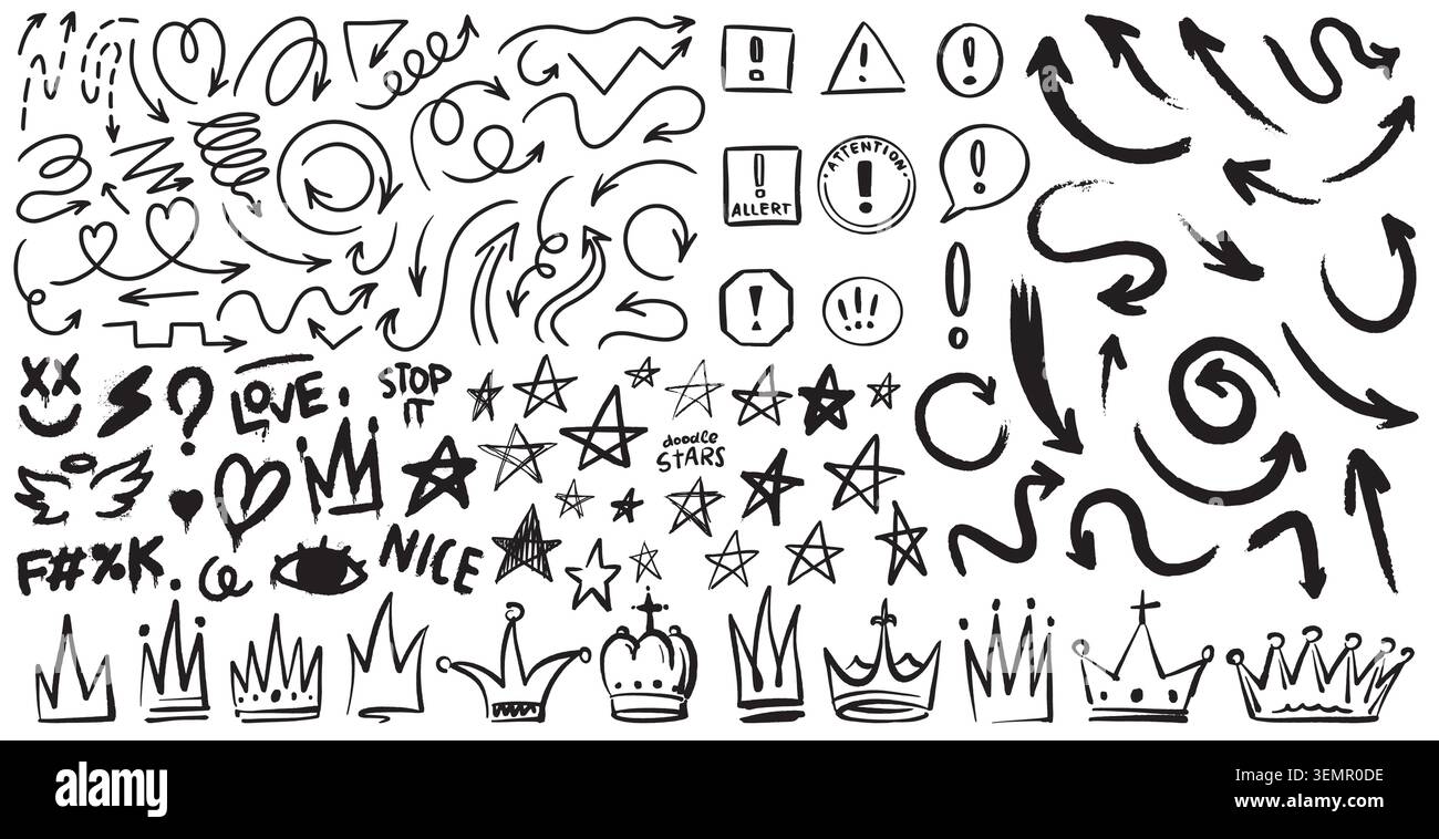 Große Sammlung handgezeichneter isolierter Designelemente. Pfeile, Kronen Stars Doodle Sketchy Grunge Stil zur Hervorhebung von Videoproduktionsanimationen Stock Vektor