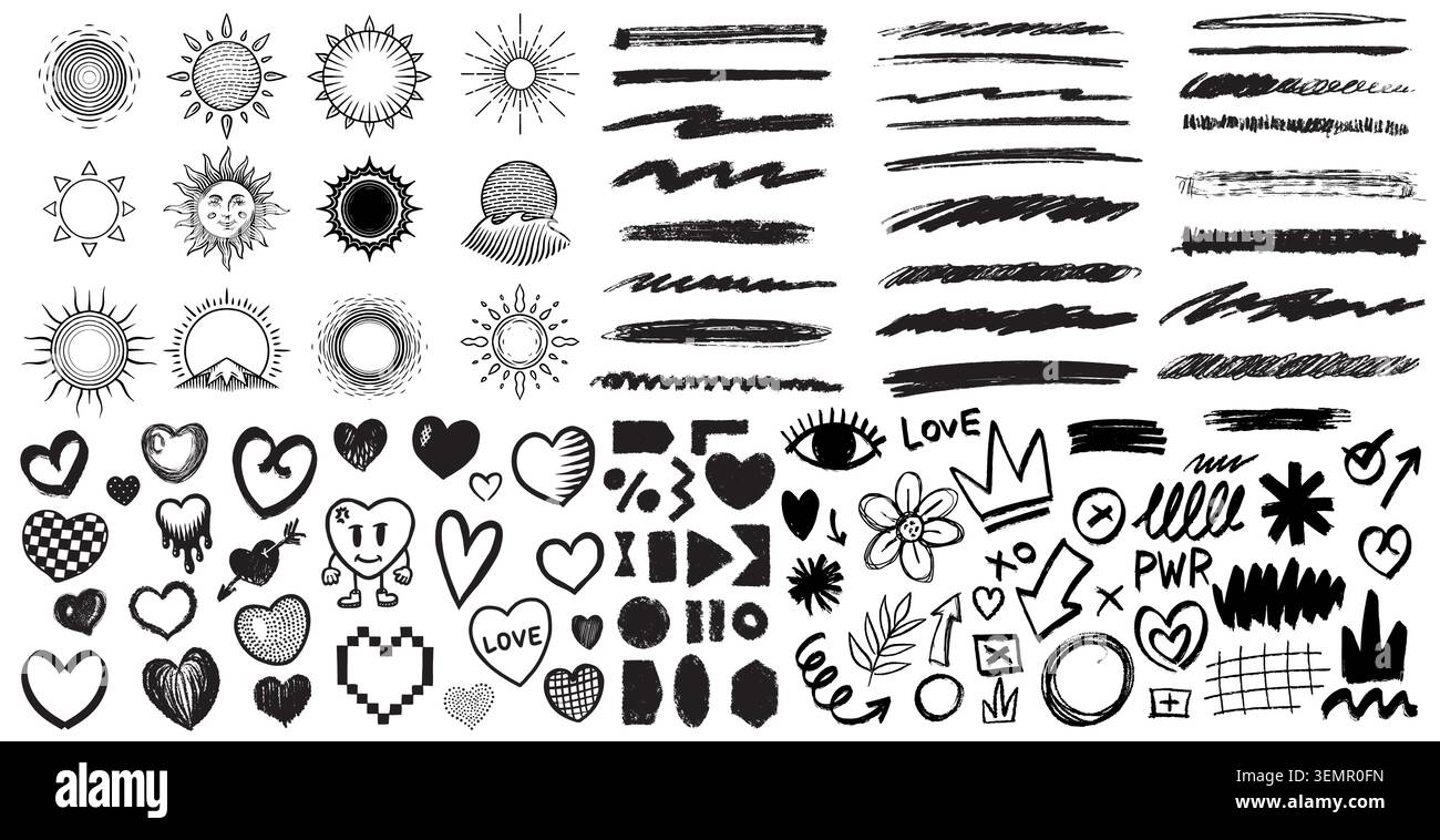 Große Sammlung handgezeichneter isolierter Designelemente. Brustrokes, Hearts, Sonnen Doodle Sketchy Grunge Style für die Hervorhebung der Videoproduktion Stock Vektor