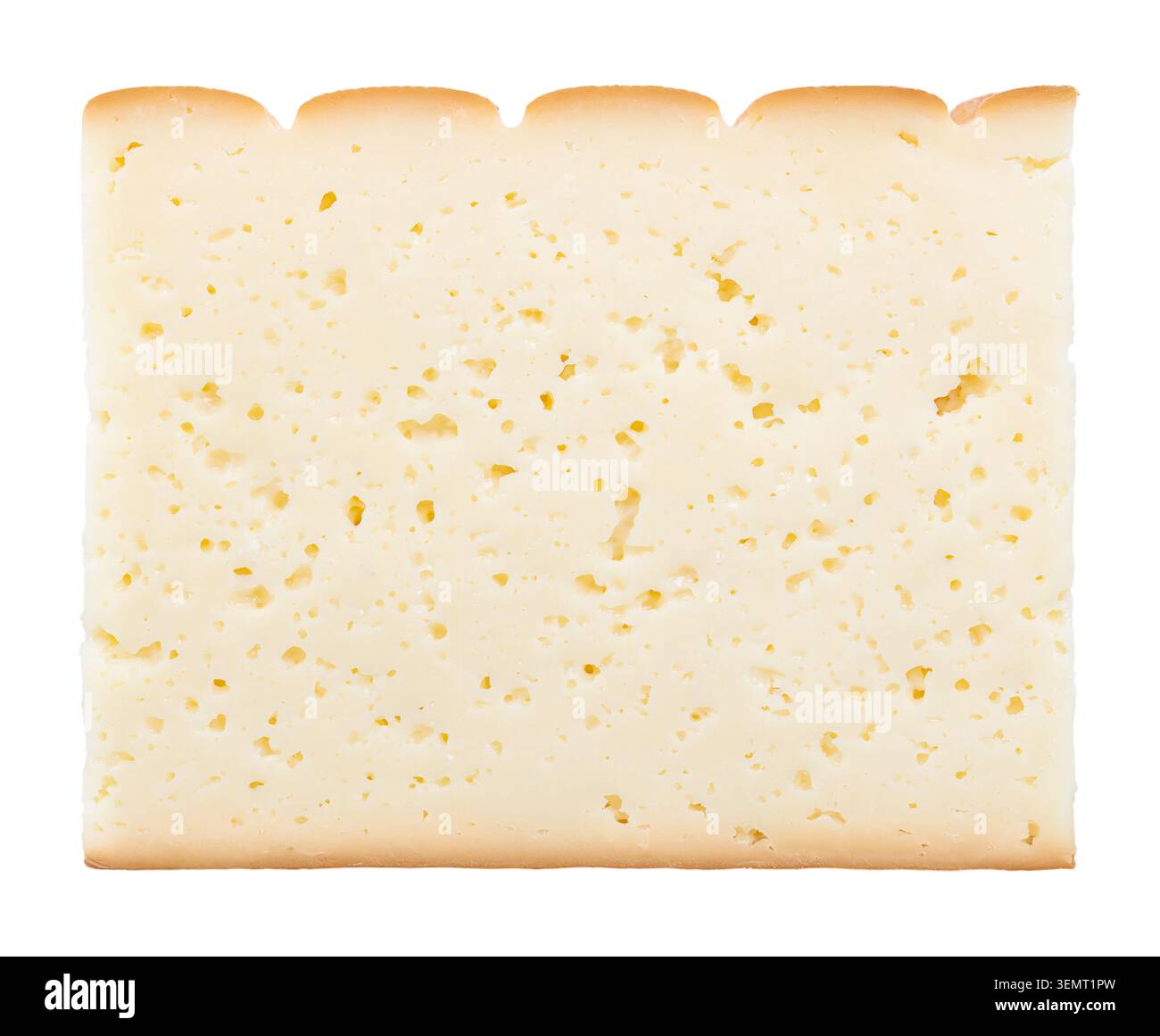 Scheibe geräucherten halbharten Käse. Querschnitt aus Traunsteiner Räucherkäse aus Österreich, 45 %-Fett in Trockenmasse. Stockfoto
