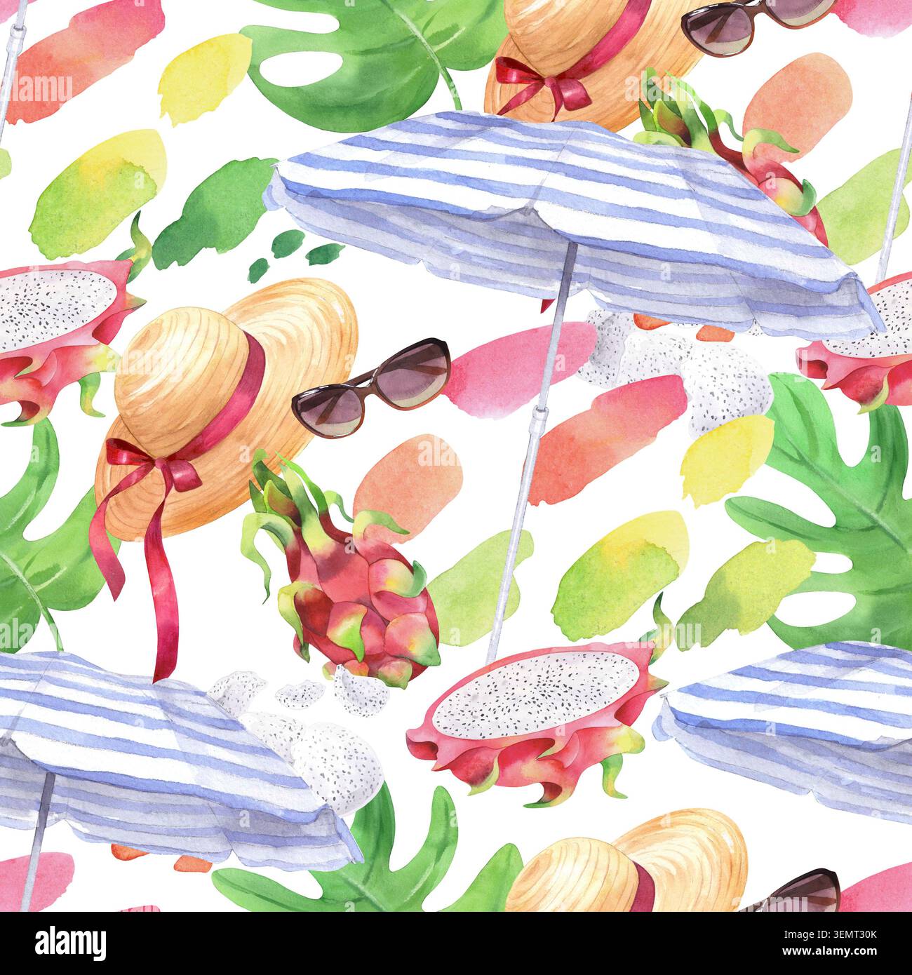 Nahtloses Muster von Regenschirm, Monstera, Hut, Sonnenbrille, Pitahaya und Aquarellflecken. Aquarellillustration für Design, Karten, Umschlag, Drucke Stockfoto