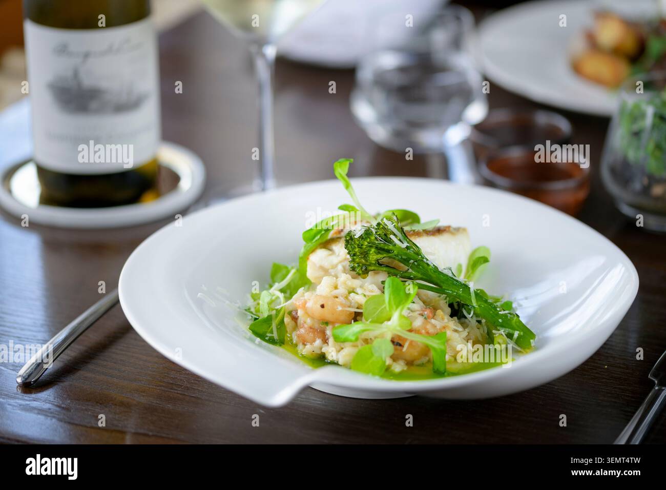Exquisites Meeresfrüchte-Risotto mit frischem Grün, perfekt für ein gehobenes kulinarisches Erlebnis Stockfoto
