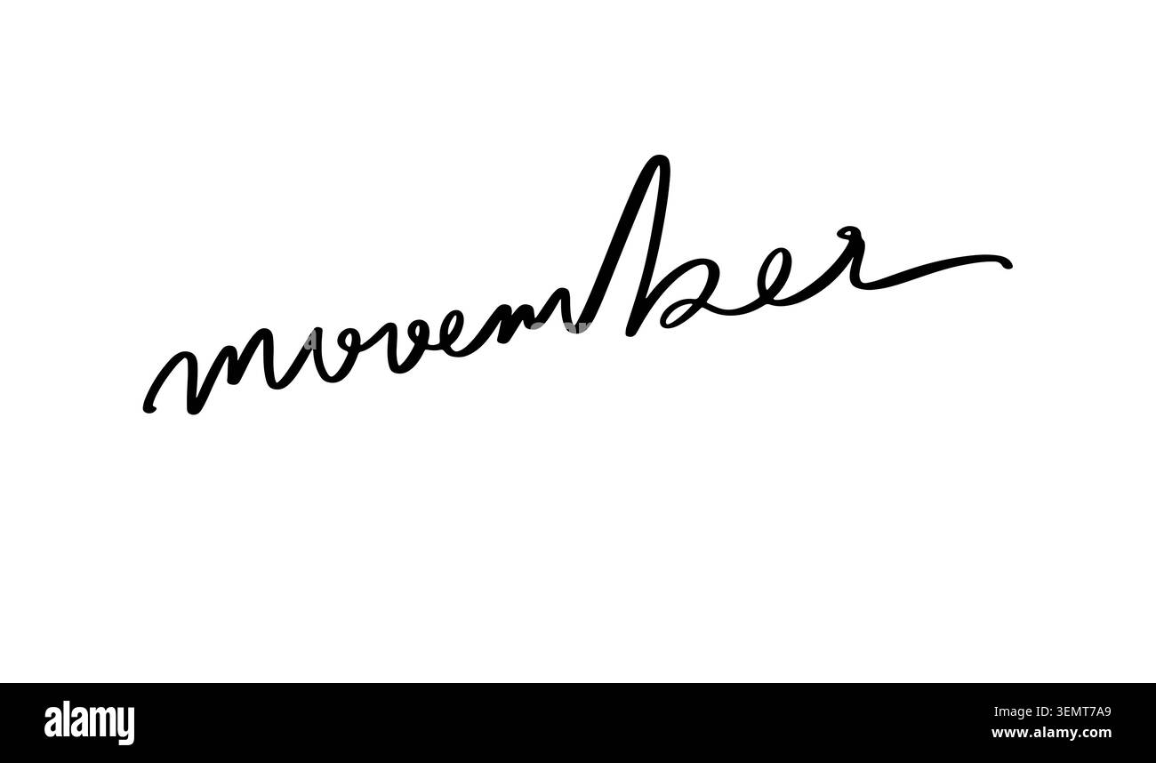 Movember handgeschriebene Schrift Typografie Design Schwarze Schrift Kalligraphie Wort isoliert auf weißem Hintergrund Awareness Kampagne Illustration Stockfoto