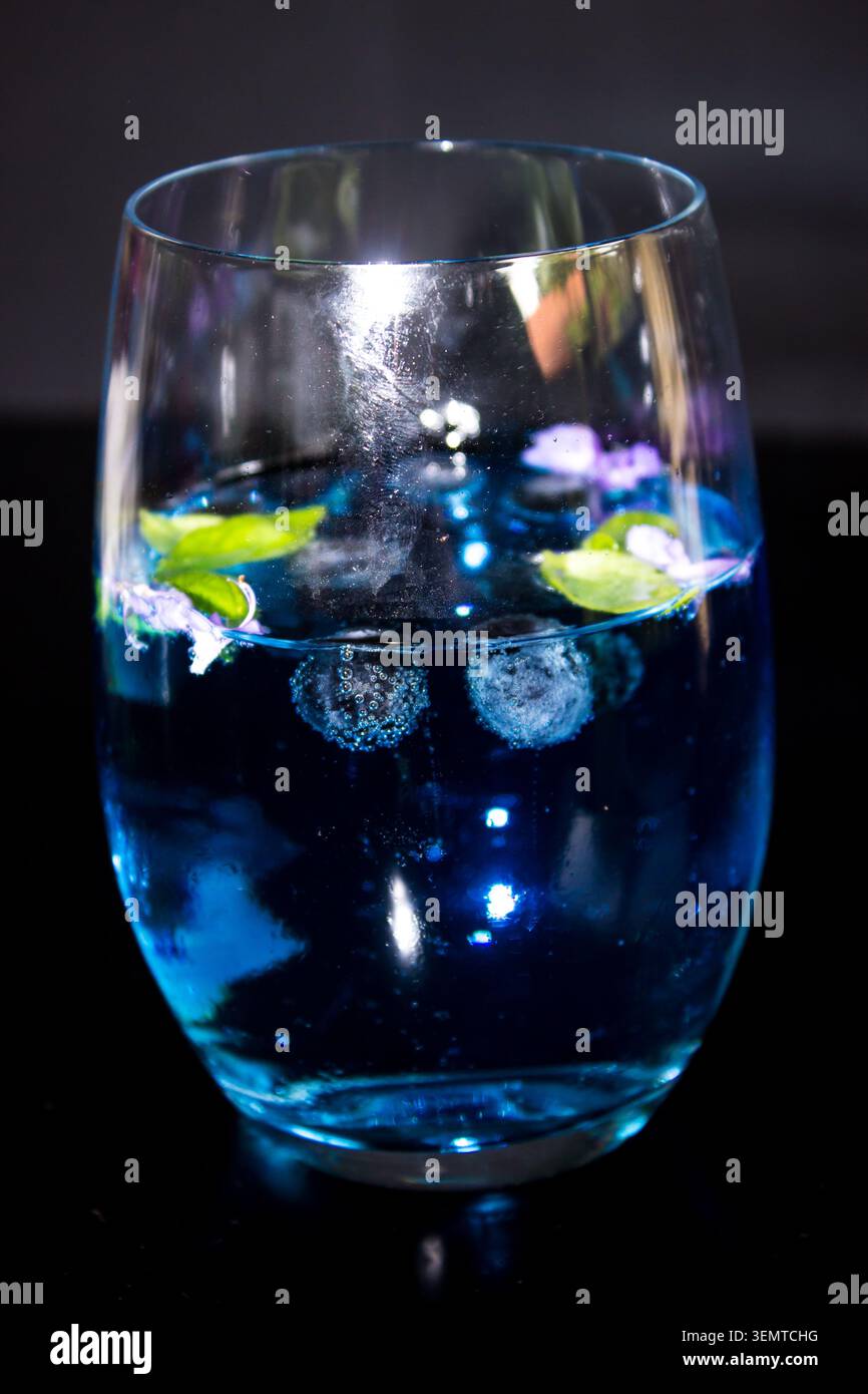 Ein einzelnes Glas Gin and Tonic mit Blaubeergeschmack Stockfoto