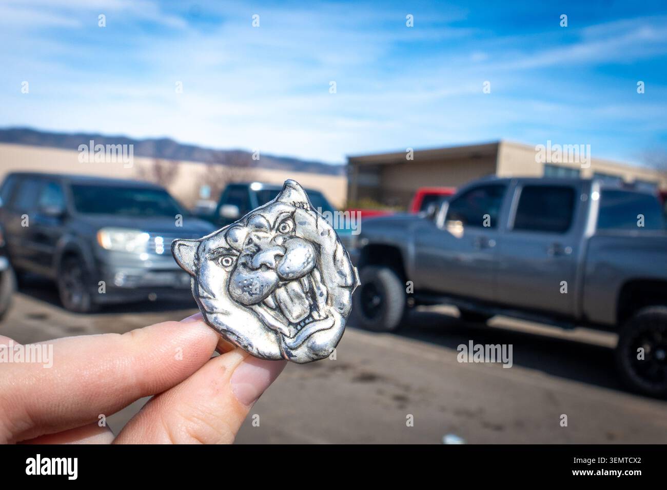 Nahaufnahme eines metallischen Bulldogge-Stifts, der zwischen Daumen und Zeigefinger gefasst wird, mit einem weichen Bokeh geparkter Fahrzeuge und einem klaren blauen Himmel in einer Outdoor-Par Stockfoto