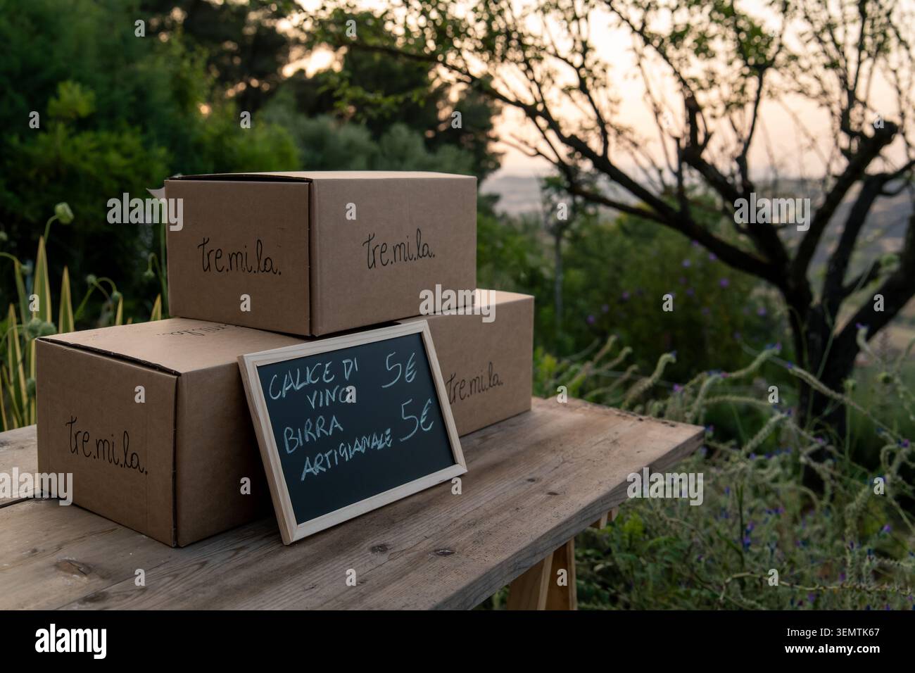 Ein kleines Tafelschild mit einem Glas Wein und Craft-Bier für jeweils 5 Euro steht gegen gestapelte Kartonschachteln, die mit dem handgeschriebenen Brandzeichen versehen sind Stockfoto