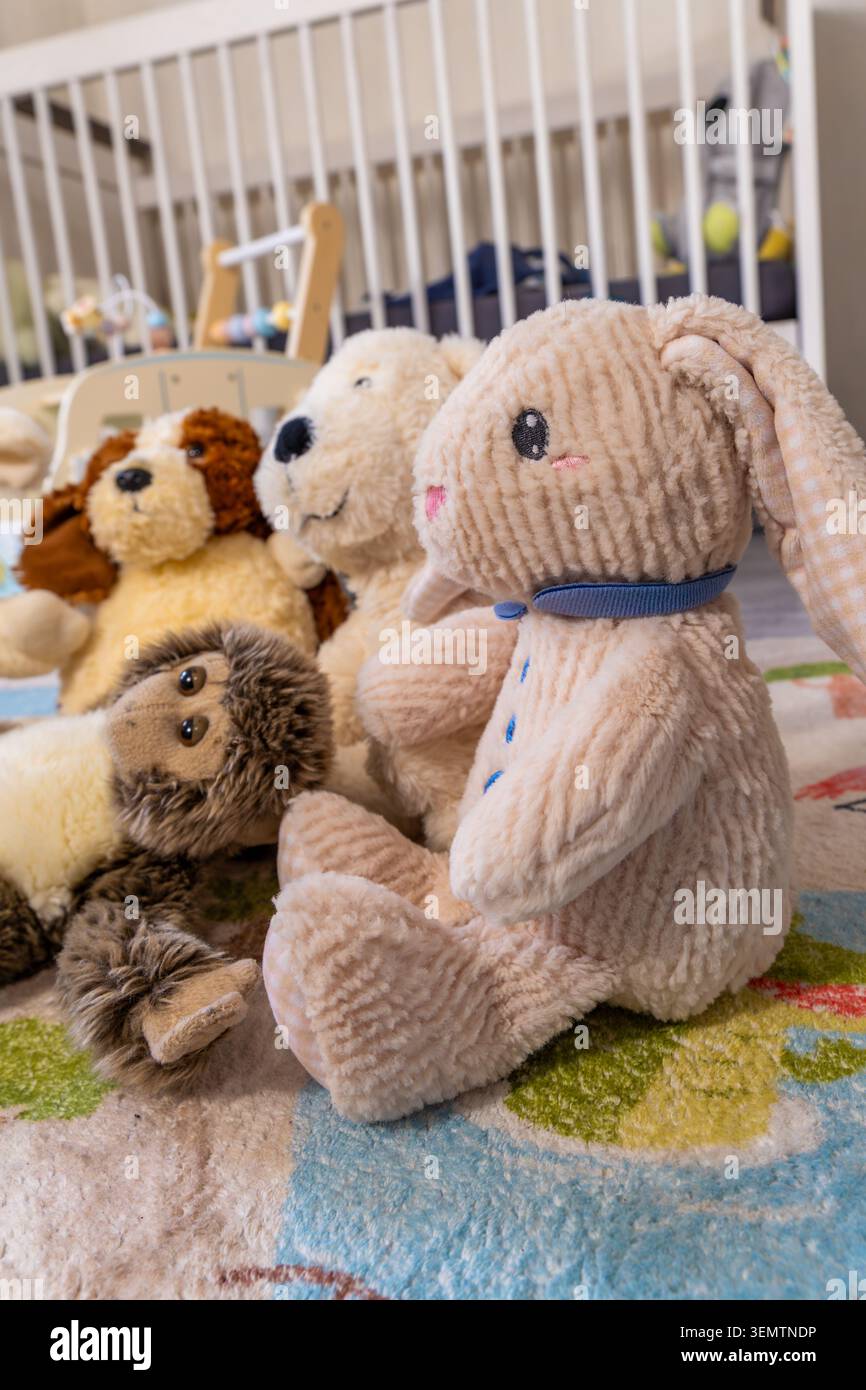 Eine Nahaufnahme von niedlichen Plüschtierspielzeugen, die zusammen auf einem farbenfrohen Kinderteppich in einem gemütlichen Kinderzimmer angeordnet sind. Das weiche Häschen, Hund, Affe und Teddykrea Stockfoto