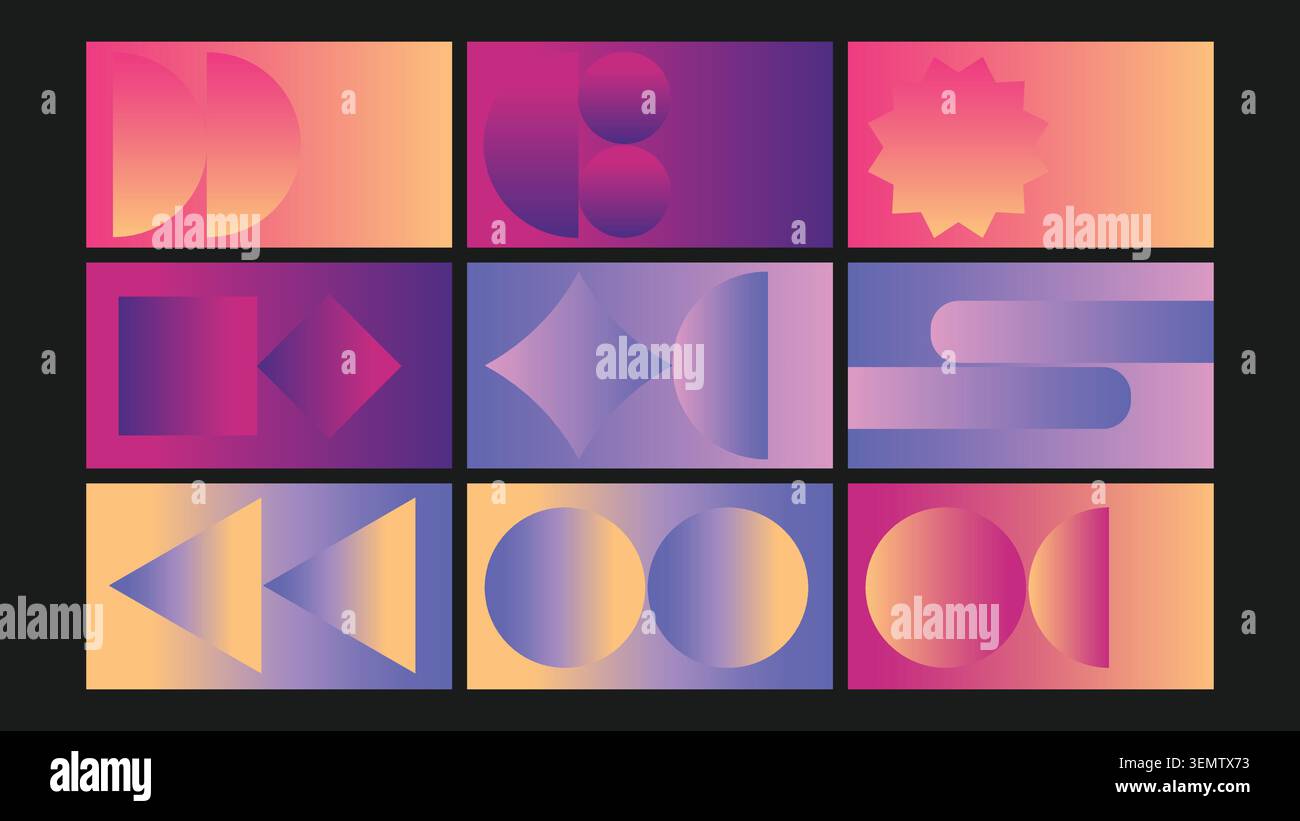 Weiche geometrische Formen in leuchtenden Verläufen von Pfirsich, Violett und Magenta. Moderne abstrakte Grafiken, ideal für UI, Marketing, Poster und stilvolle Designelemente. Stock Vektor