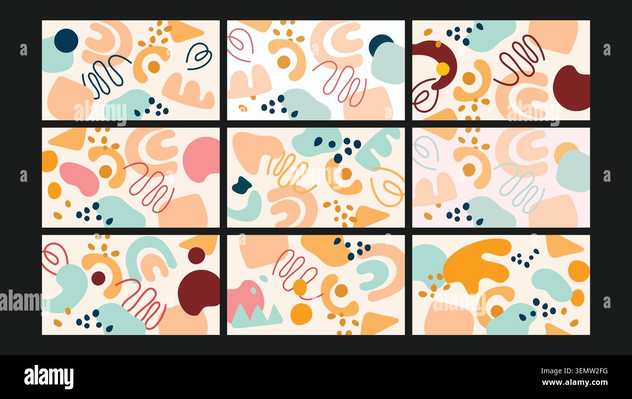 Ein frischer und moderner abstrakter Hintergrund mit weichen, farbenfrohen Formen, Squiggles und dynamischen Elementen im Memphis-inspirierten Stil. Ideal für kreative Grafiken und Branding. Stock Vektor