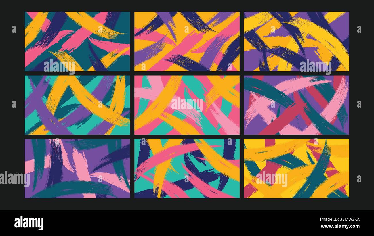 Handgezeichnete Pinselstriche in lebhaften Farben überlagern sich zu einem expressiven und energetischen abstrakten Hintergrund. Ideal für Kunstprojekte und Web-Visuals. Stock Vektor