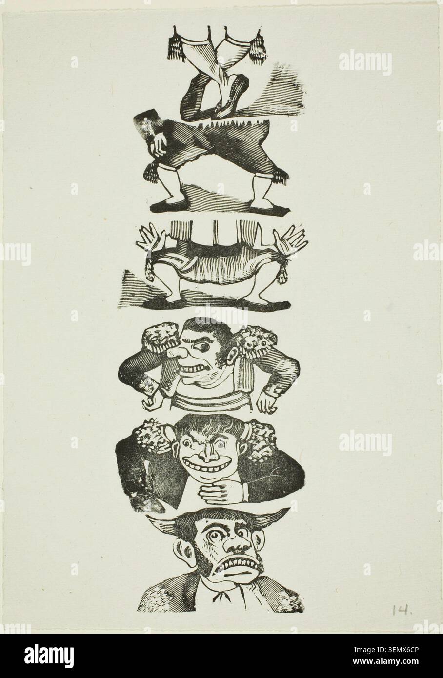 Stierkämpfer von José Guadalupe Posada, n.d., zeigt einen vertikalen Stapel grotesker Figuren, die im Stierkampf verwickelt sind, in kühnen schwarzen Linien Stockfoto