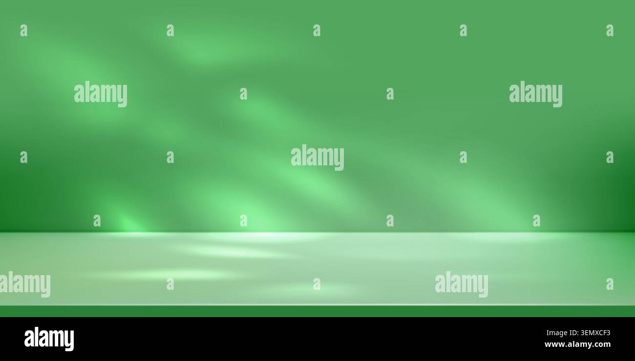 Grünes Studio 3D bg für abstrakte Produktfotos, Hell-Dunkel-Farbverlauf. Limbofarbener Hintergrund, leere Bühne mit Schatten-Textur für Sonnenflecken. Natürliche Pflanze Stock Vektor