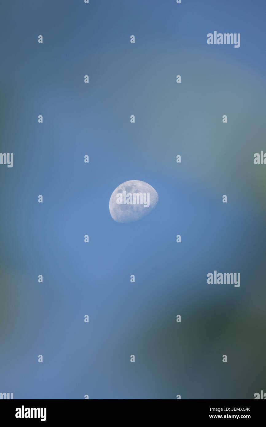 Der Mond ist tagsüber mit einem hellblauen Himmel sichtbar. Nahaufnahme der Details und Krater der Mondoberfläche. Stockfoto