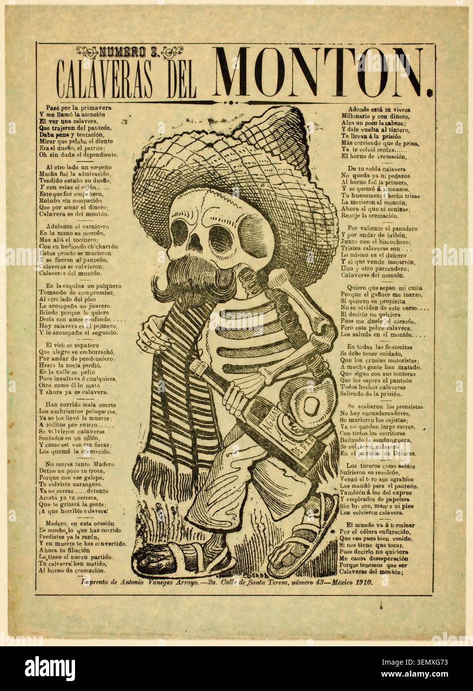 Calaveras del Montan von Jose Guadalupe Posada, um 1910, mit einer Skelettfigur umgeben von spanischsprachigen satirischen Versen, einem mexikanischen Volkskunstkommentar über Sterblichkeit und soziale Themen Stockfoto