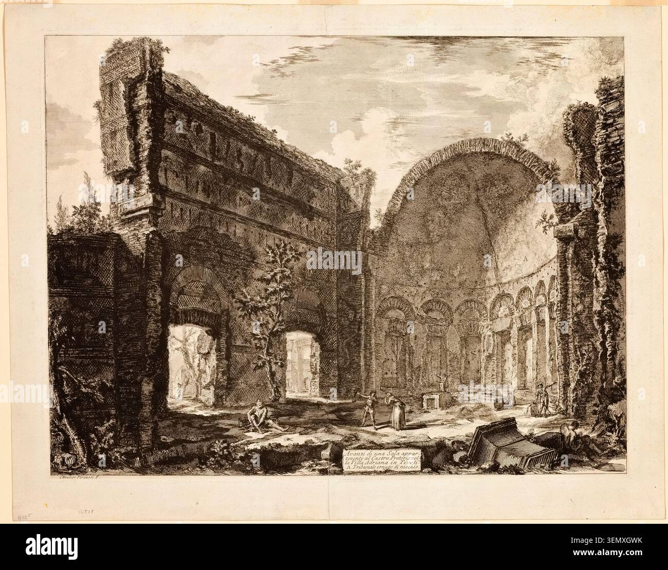Überreste eines Saals, der zum prätorianischen Fort in Hadrians Villa, Tivoli, von Giovanni Battista Piranesi, 1774, gehört, der die Ruine der gewölbten Kammer mit Bogennischen und stehenden Figuren darstellt, die die antike römische Struktur erkunden Stockfoto