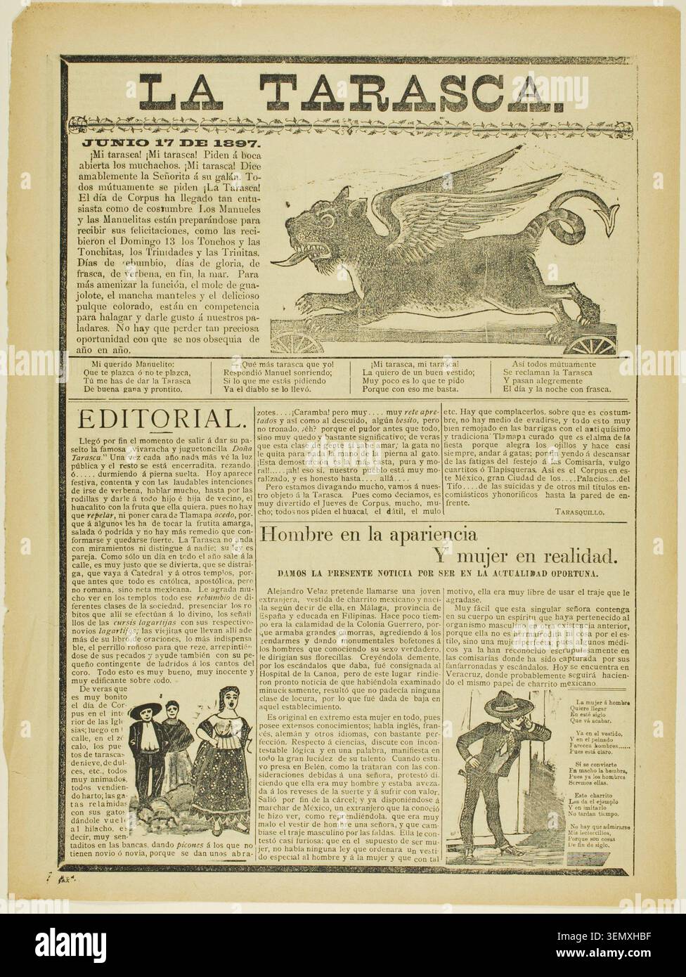 Der Drache von Fronleichnam von José Guadalupe Posada, 1897, zeigt ein fantastisches geflügeltes Drachenwesen mit religiösen und satirischen mexikanischen Kommentaren und Versen Stockfoto