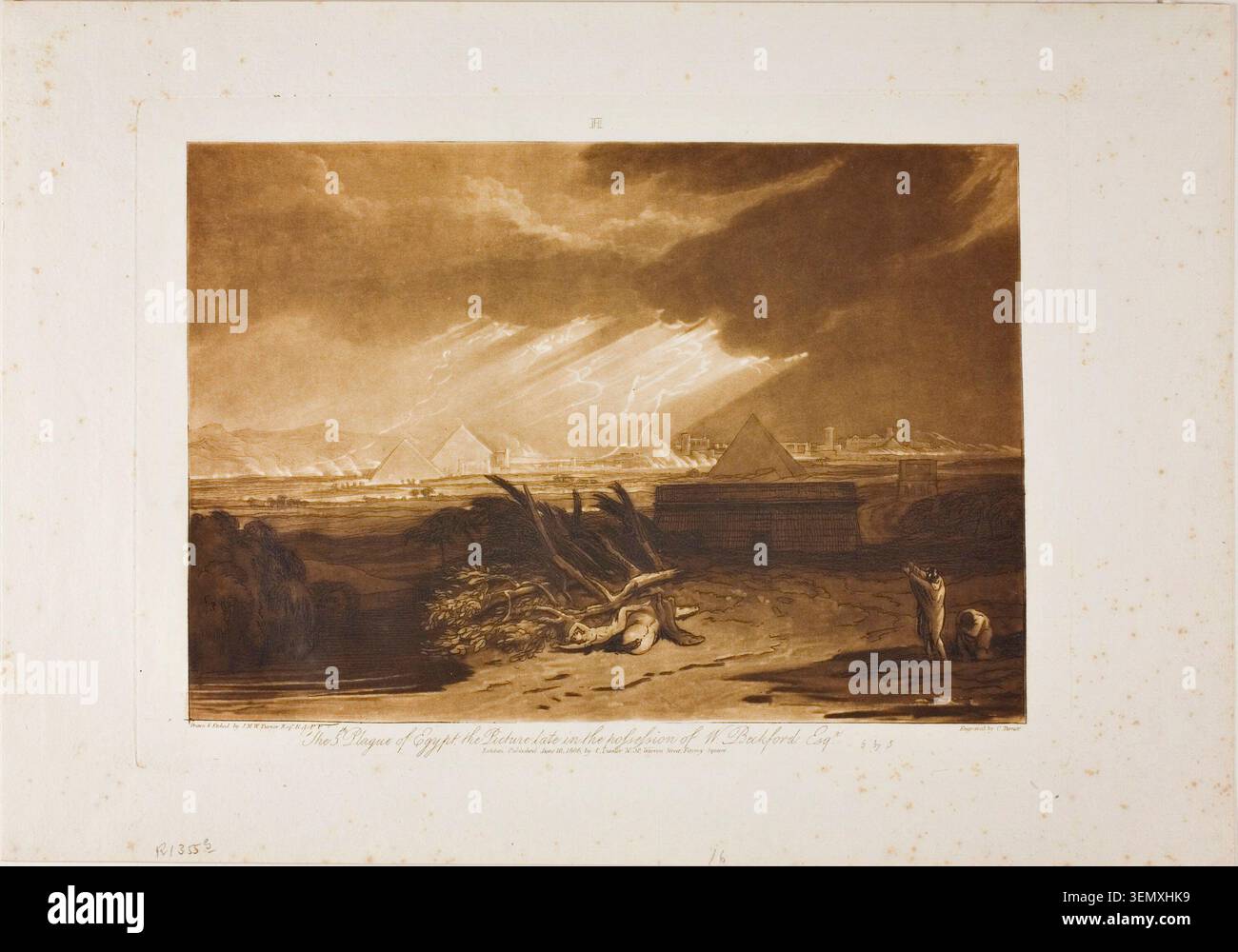 The Fifth Pest of Egypt von Joseph Mallord William Turner, veröffentlicht am 10. Juni 1808, zeigt das göttliche Urteil, das auf eine Stadt am Fluss herabfällt, während Figuren von einem katastrophalen Hagel und Blitz aus dem Vordergrund zeugen Stockfoto
