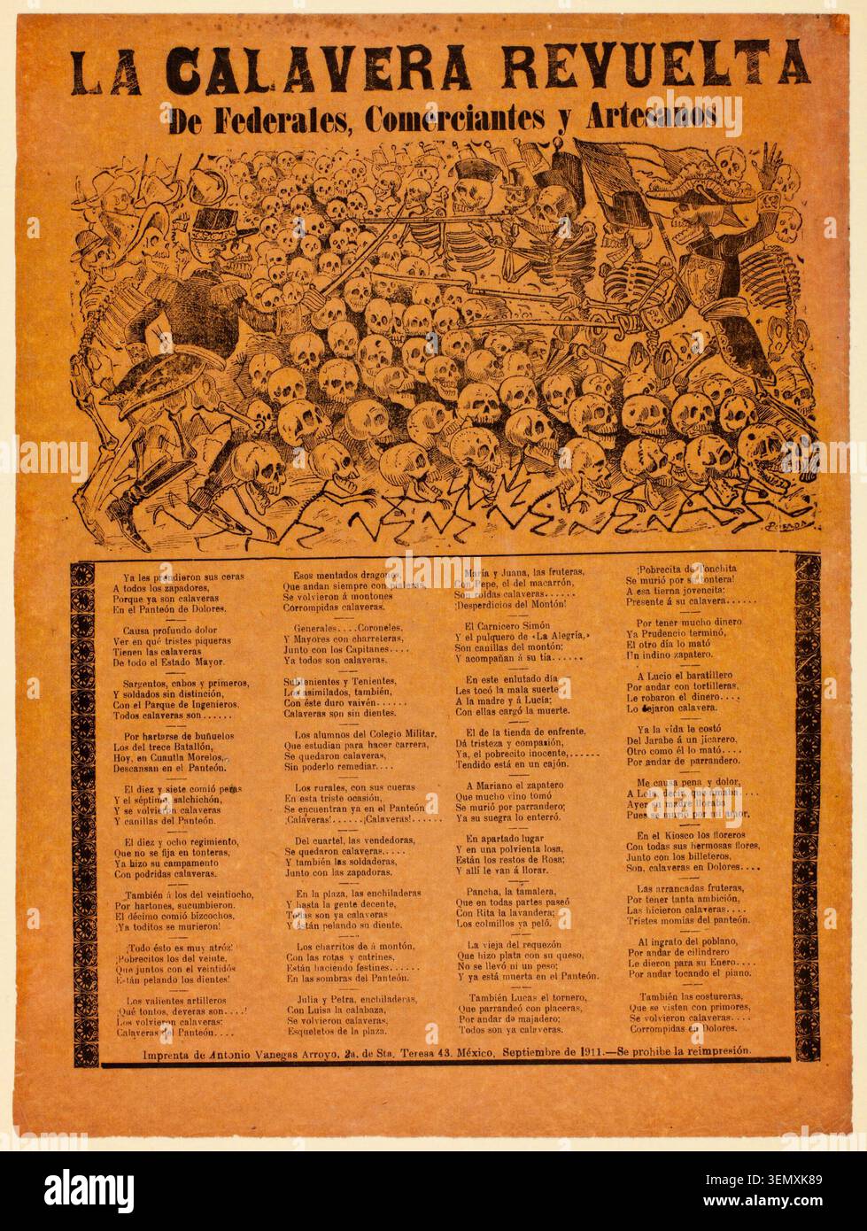 La Calavera Revuelta von José Guadalupe Posada, September 1911, eine chaotische satirische Szene von Skeletten und tanzenden Figuren, die Bundessoldaten, Händler und Handwerker im revolutionären Mexiko repräsentieren Stockfoto