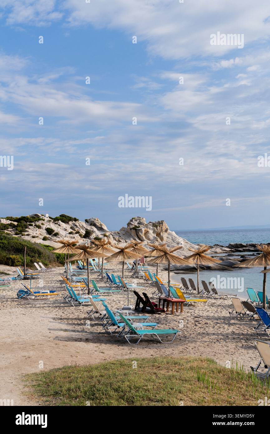 Sonne, Meer und Essen an den Küsten von Chalkidiki, Nordgriechenland. Sonne, Meer und Essen an den Küsten von Chalkidiki, Nordgriechenland Stockfoto