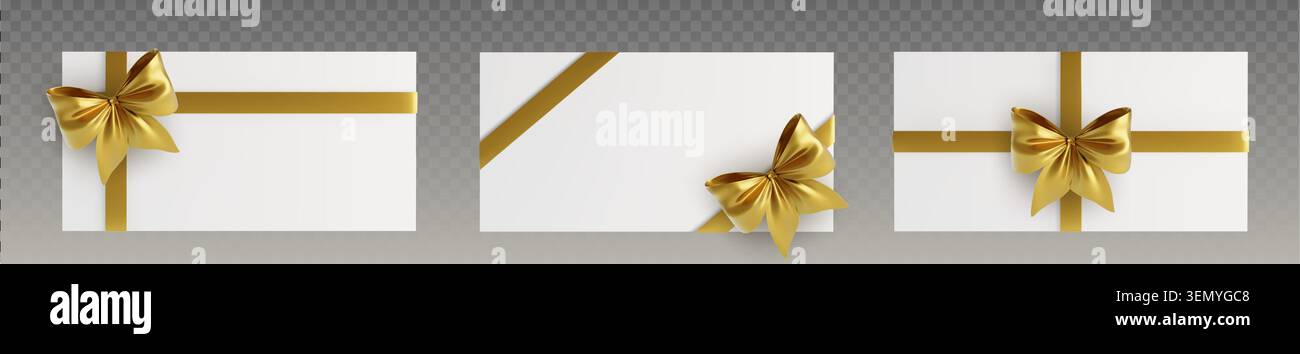 Realistische goldene Schleife auf weißer Geschenkbox mit glänzender Satinstruktur, Vektor-Set isoliert auf transparentem Hintergrund. Weihnachtskarten, Zertifikate und festliche Festmotive mit elegantem Rand Stock Vektor