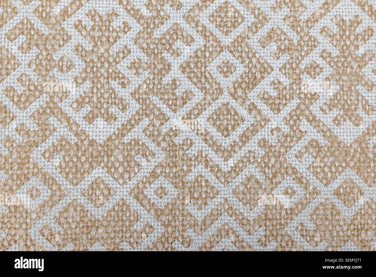 Beige, geometrische Gobelin-Textur mit traditionellem Folk-Muster Stockfoto