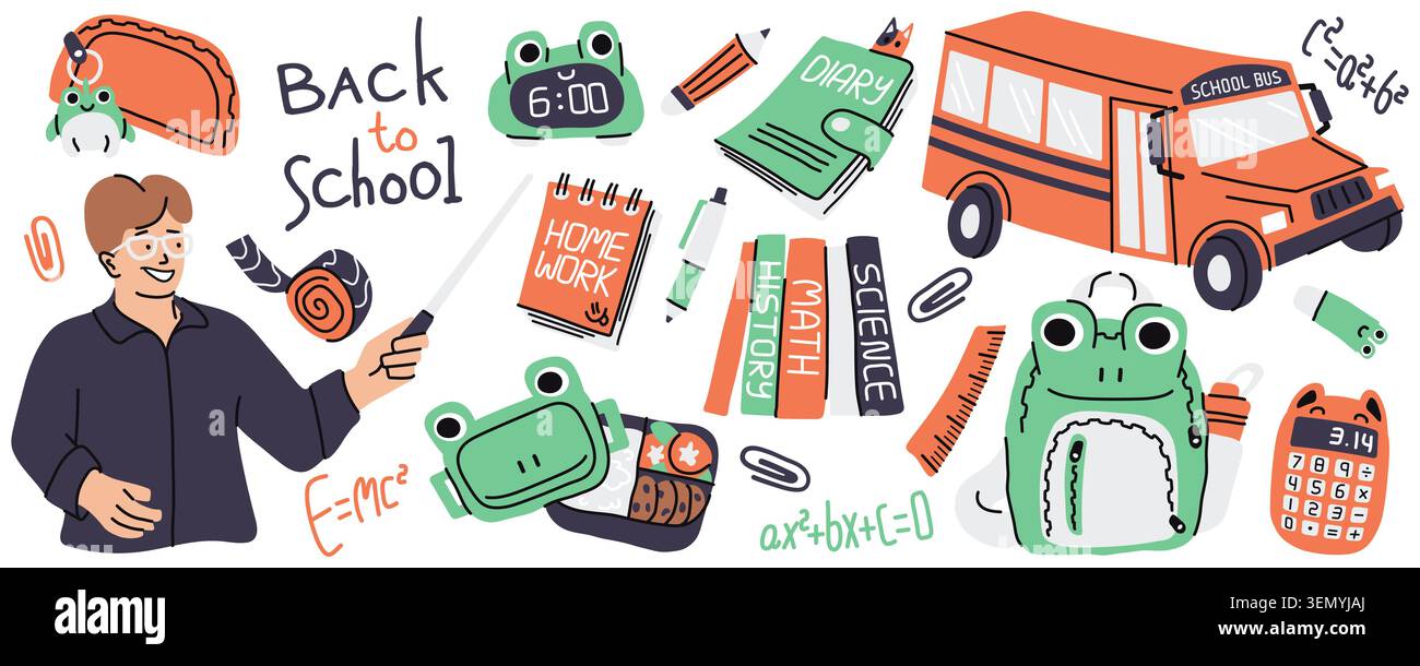 Helle zurück zur Schule Vektorsammlung auf weißem Hintergrund mit einem freundlichen Lehrer, der zeigt, Schulbus, Froschrucksack, Schreibwaren, Bücher Stock Vektor