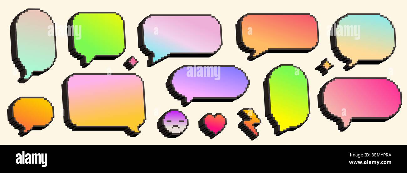 3D-Pixel-Sprechblasen, Neon-Emotionssymbole für Retro-Messenger-Design. Vektorillustrationen Set aus leeren isometrischen Textwolken, traurigem Gesicht, Herz und Blitz, kreative Computergrafiken im Stil der 90er Jahre Stock Vektor