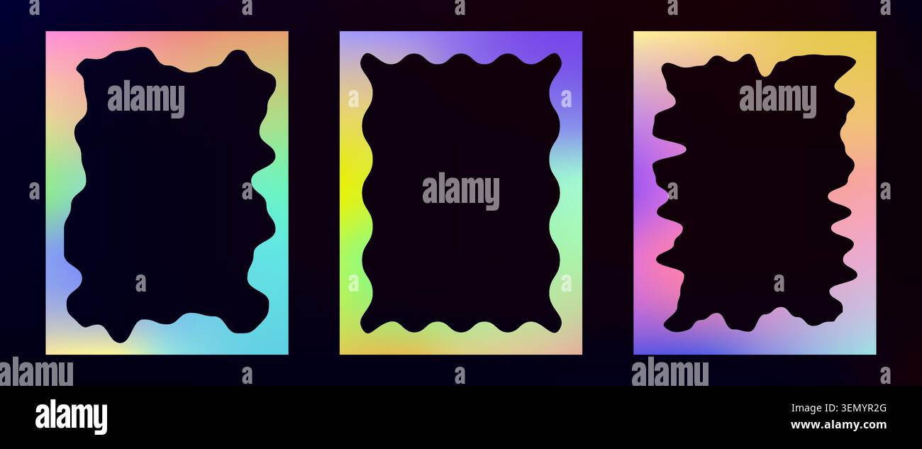 Abstrakte Regenbogenrahmen, isoliert auf schwarzem Hintergrund. Vektor-realistische Illustration lebendiger Farbverlaufsränder mit ungleichmäßigen Kanten für Foto-, Schulcollage- oder Sommerposter-Design Stock Vektor