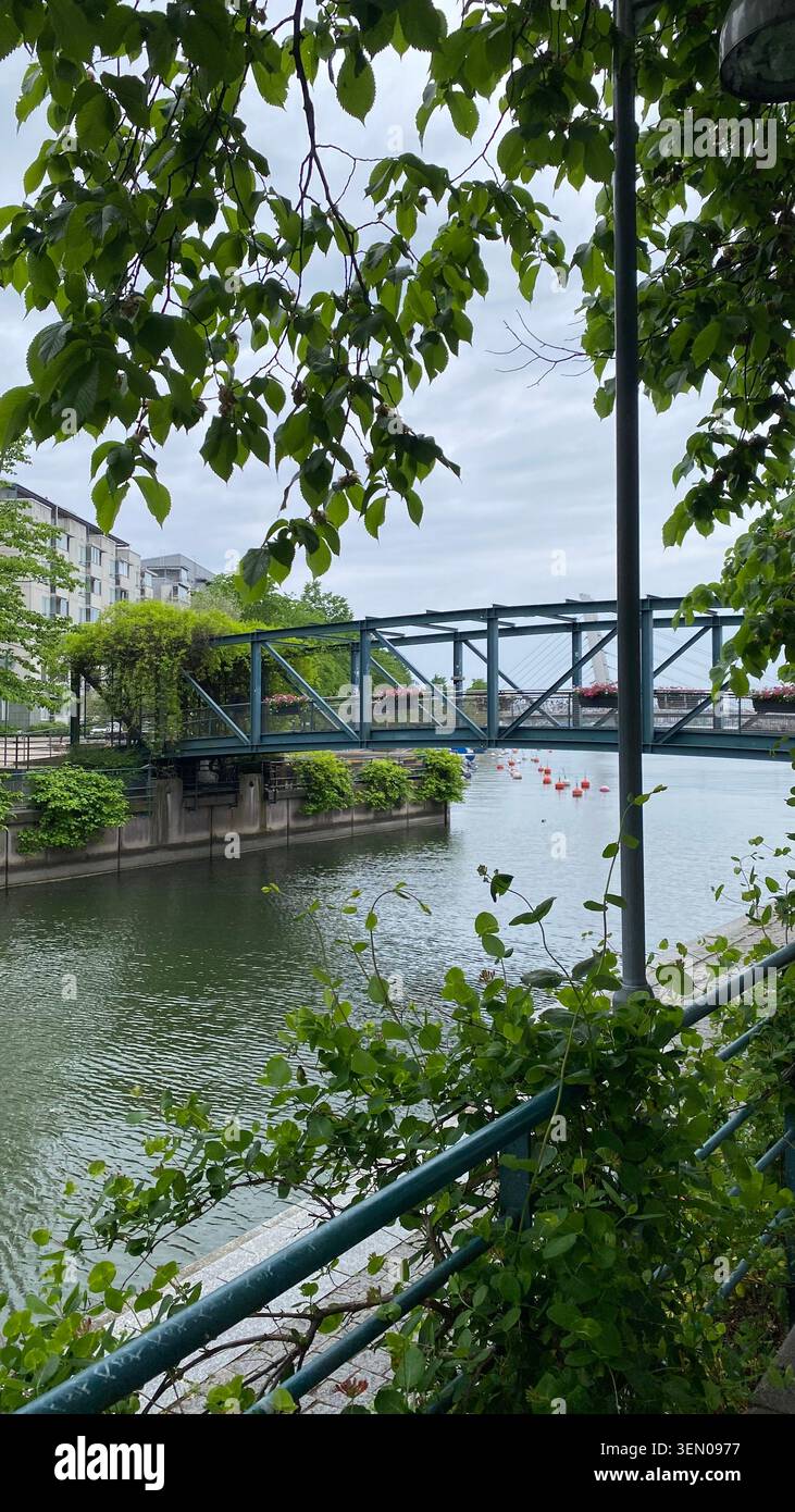 Fußgängerbrücke über den städtischen Kanal, umgeben von üppigem Grün, im modernen Wohnviertel Helsinki, Finnland Stockfoto